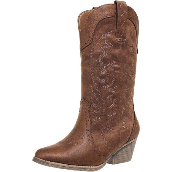 Shoes - Women Cowgirl Brown Synthetic Mid Calf Embroidered Stitched Pointy Toe Boots